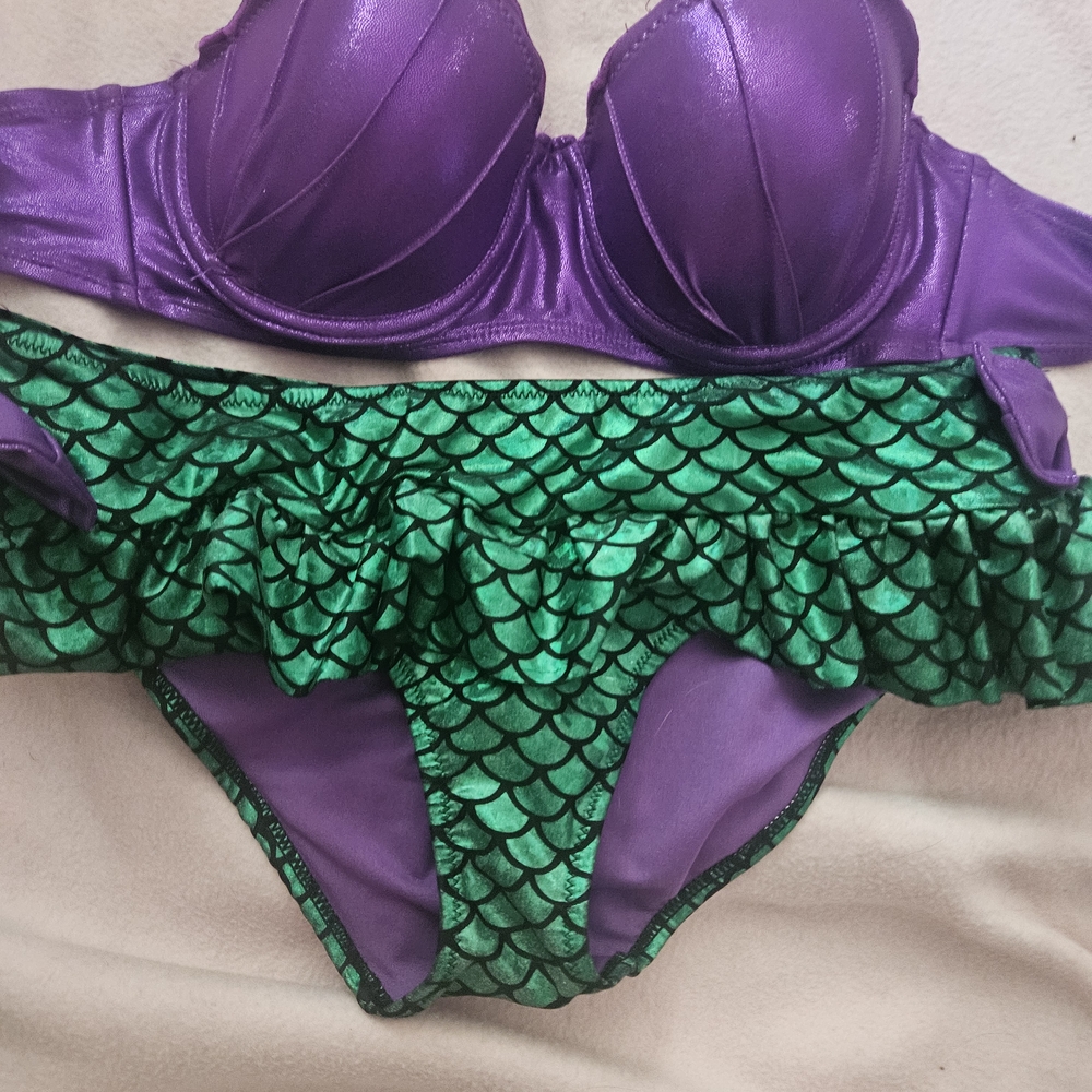 Disney Cosplay The Little Mermaid Ruffled Swim Bottoms and Shell Top Bikini Set